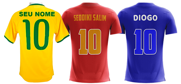Três camisas de time com nome e número 10 nas costas