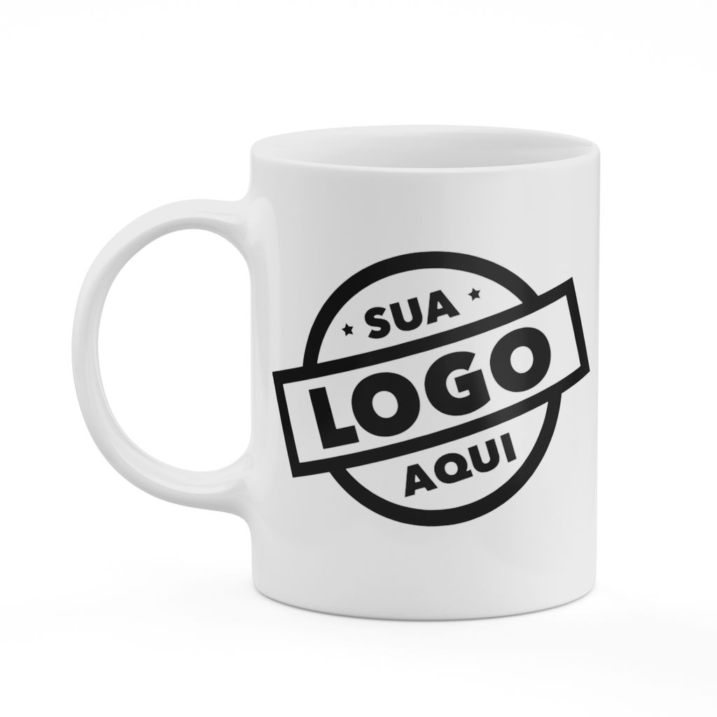 Caneca branca com o carimbo "sua logo aqui"