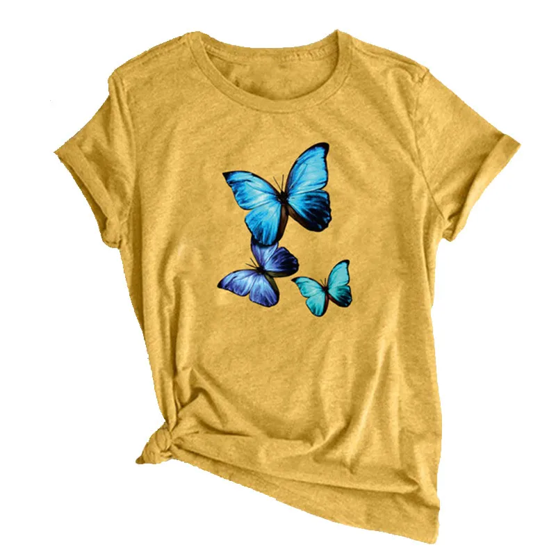 Camiseta amarela estampada com borboletas azuis