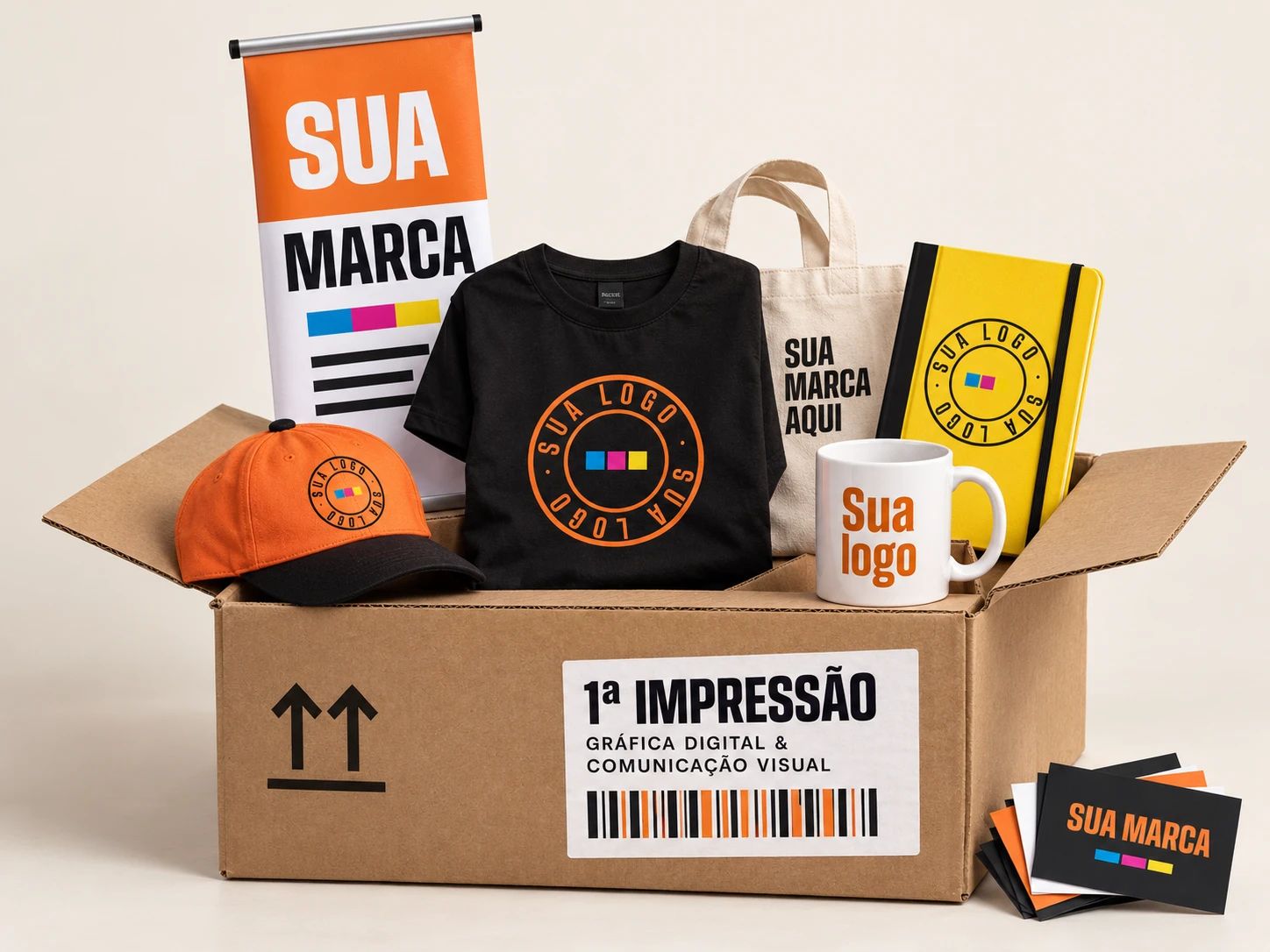 Caixa de papelão aberta com produtos personalizados: banner, camiseta preta, boné laranja, ecobag, caderno amarelo, caneca branca e cartões de visita, todos com 'sua logo' estampada. Na caixa, a etiqueta da 1ª Impressão.