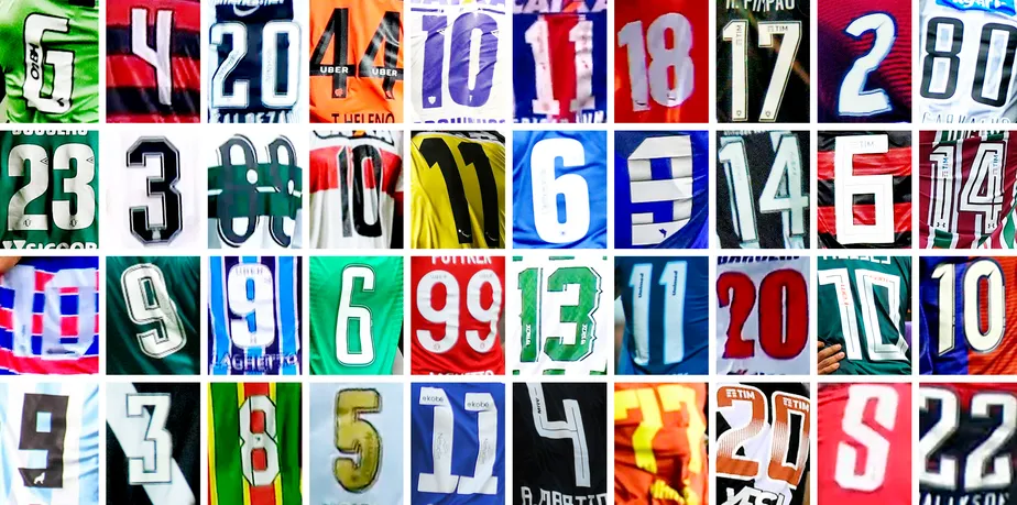 Números de camisa de time em várias cores e estilos de fonte